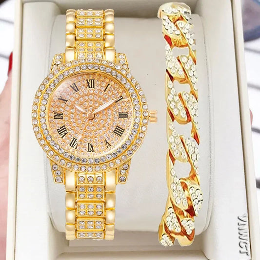 2pcs Luxury Women Diamond Watches Hip Hop Bracelet Ladies Quartz Watch